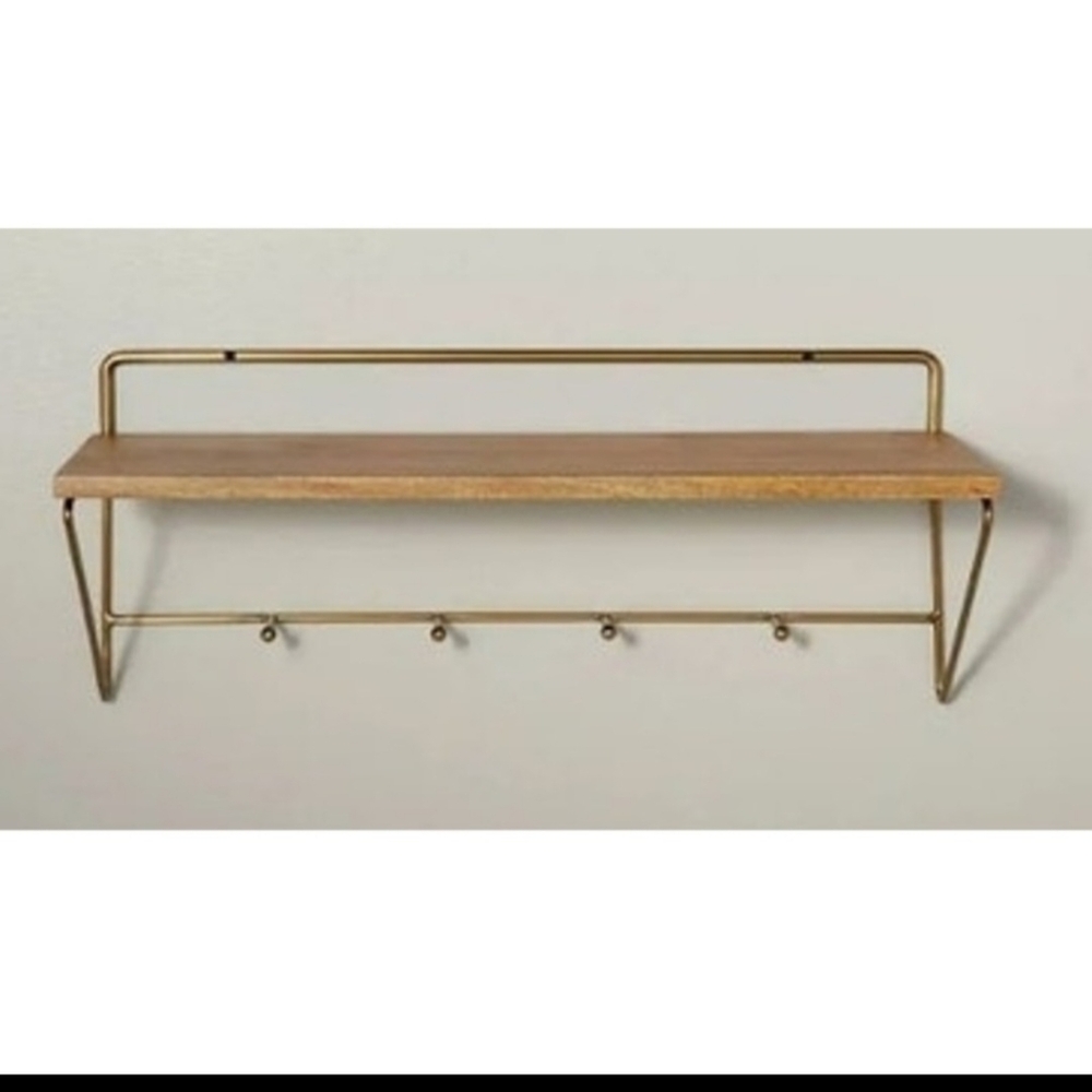 24" Wood & Brass Wall Shelf with Hooks - Hearth & Hand™ with Magnolia